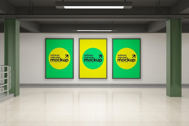 Subway Three Vertical Signage Mockup Billboard Mock-up