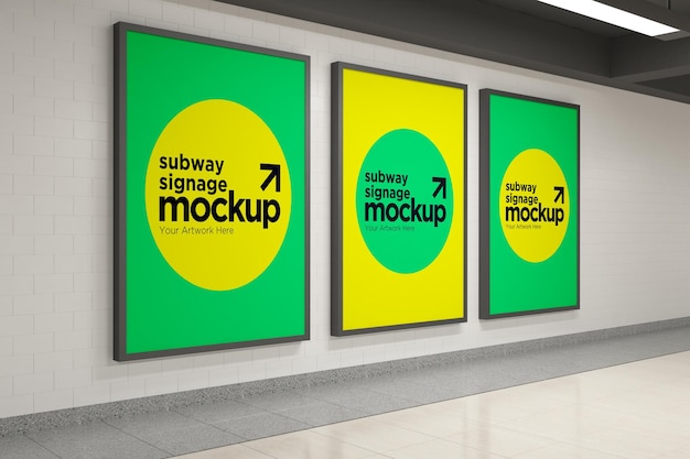 Subway Three Vertical Signage Mockup Billboard Mock up