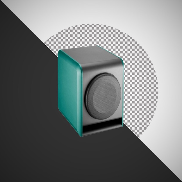 Subwoofer moderno de color azul azulado y negro sobre un fondo transparente