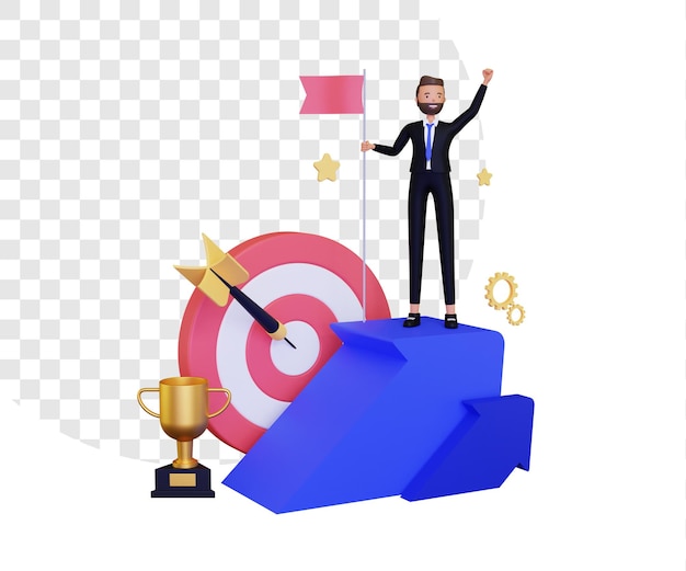 Succès 3d avec un homme d'affaires sur le podium et un drapeau ondulant
