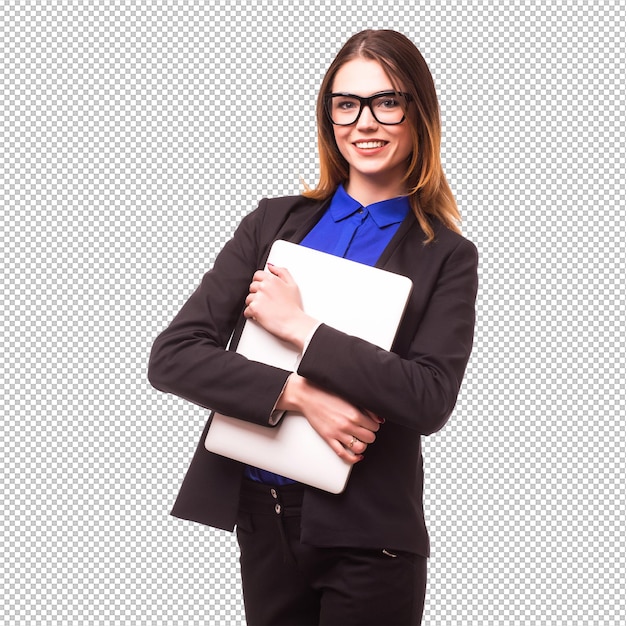 Successful business woman is standing on isolated pon white wall