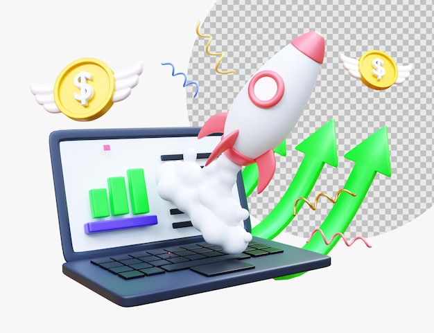 successful startup launch space rocket flies up from laptop with wing coin money graphs charts and diagram concept of digital startup project launch beginning of innovative business 3d rendering