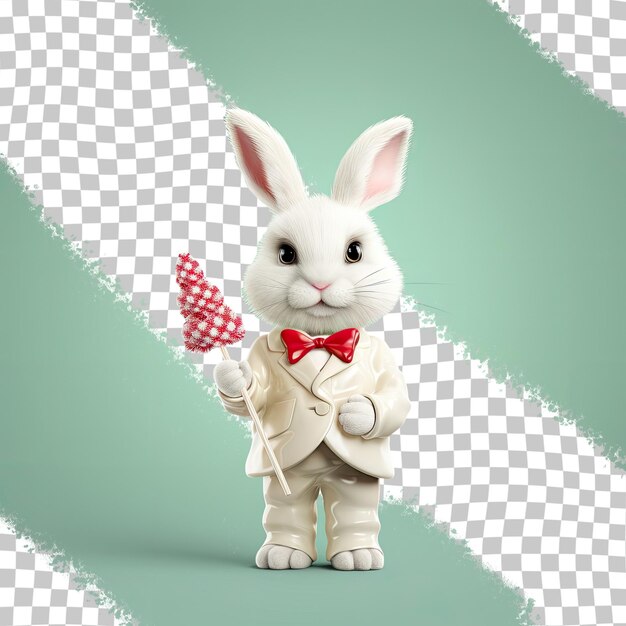 PSD une sucette en forme d'arbre de noël tenue par un lapin blanc sur un fond transparent