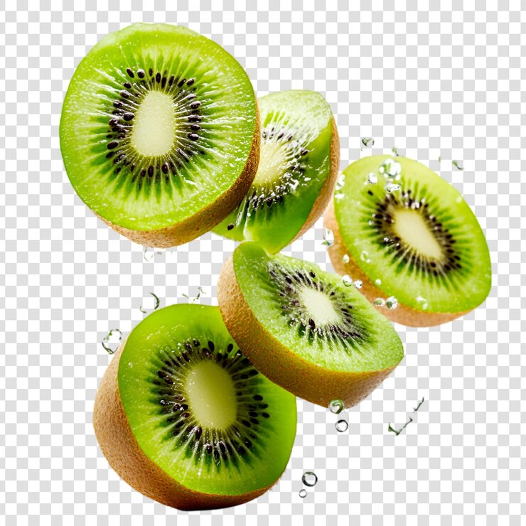 PSD suciosas rebanadas de kiwi con salpicaduras de agua y frutas refrescantes