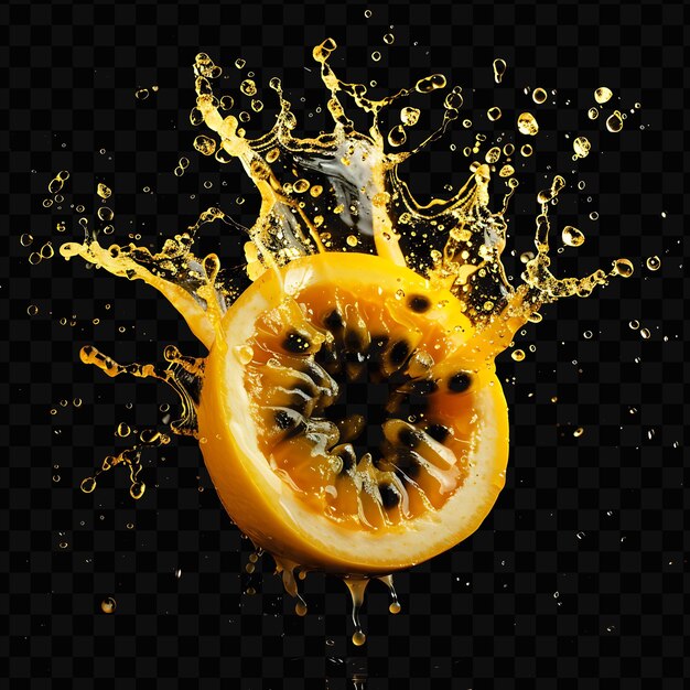 PSD suco de frutas da paixão burst com fluido de sementes de laranja um co espesso transparente png isolado clipart psd