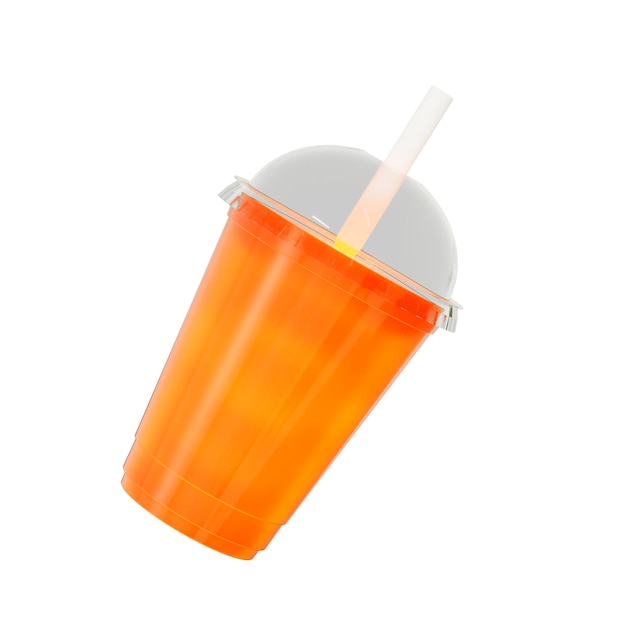 suco de laranja 3d em um copo de plástico com um canudo na ilustração de renderização 3d de fundo isolado