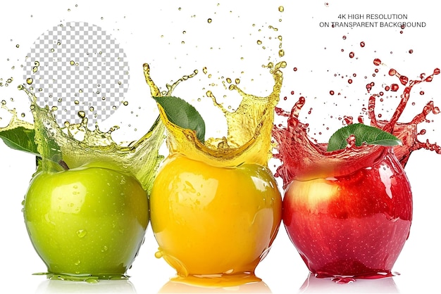 PSD suco de maçã splash maçãs coloridas salpico vibrante fundo transparente