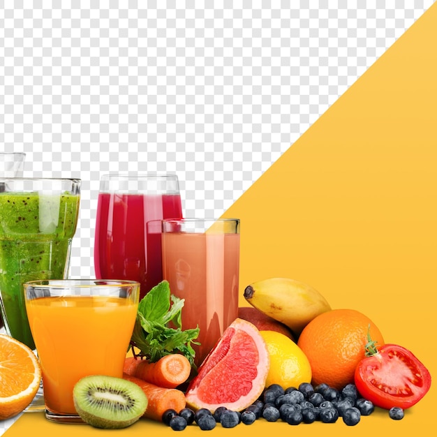 Sucos de frutas frescas e frutas inteiras
