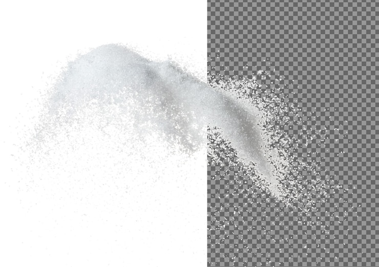 Sucre raffiné volant explosion sucre cristallin blanc nuage abstrait mouche sucre raffiné pur éclaboussure arrêt dans l'air dessin d'objet alimentaire fond blanc isolé mouvement de congélation à haute vitesse