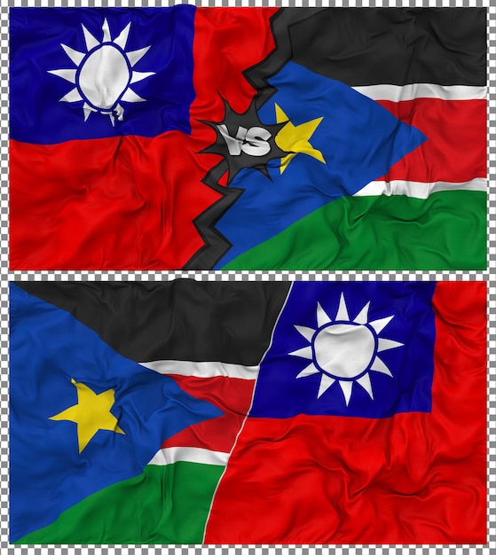 Sud Sudan contro Taiwan Mezza bandiera combinata Tessuto Bump Texture Rendering 3D