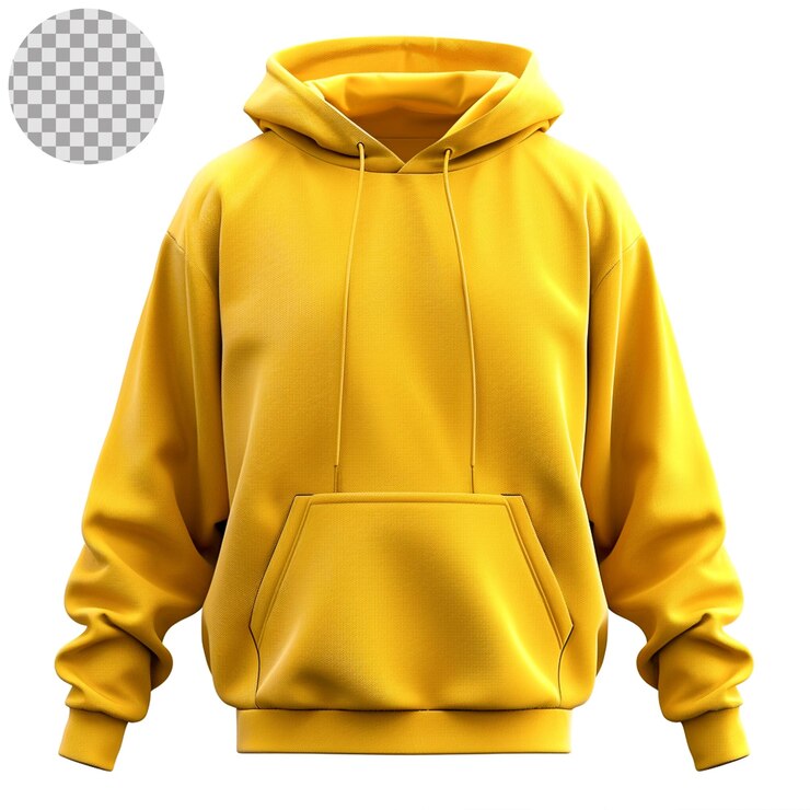 PSD una sudadera amarilla mostaza con capucha de color amarillo mostaza brillante sobre un fondo transparente