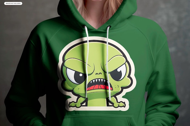 Una sudadera con capucha verde con una cara enfadada.