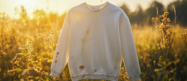 PSD una sudadera de cuello de tripulación blanca colgando al aire libre en un campo iluminado por el sol