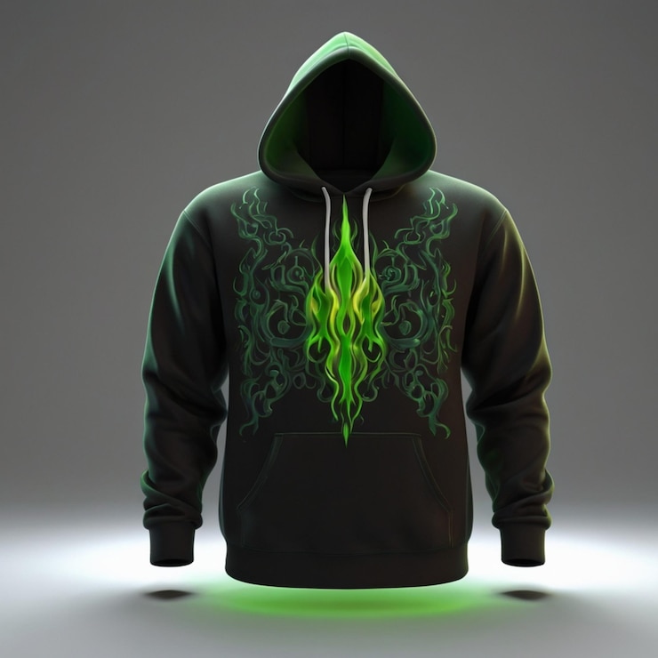 PSD sudadera negra con diseño de fuego verde vibrante