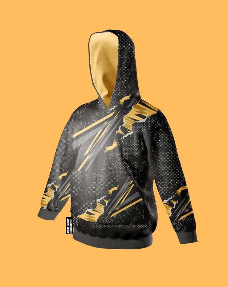 PSD una sudadera negra con fondo amarillo y un diseño en blanco y negro