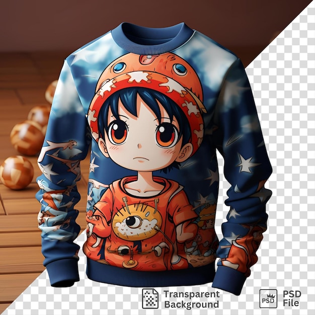 PSD sudadera sonriente con una imagen de una chica de anime en un piso de madera