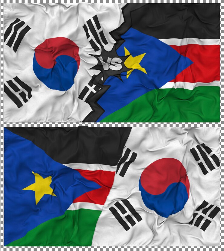 PSD sudán del sur contra corea del sur media bandera combinada con textura 3d de la tela