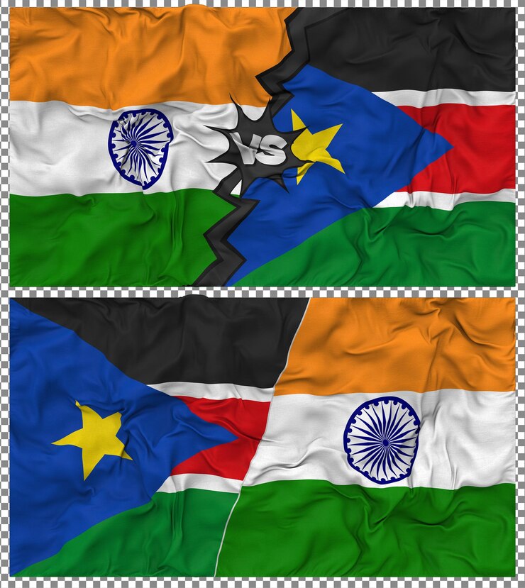 PSD sudán del sur contra la india media bandera combinada con textura 3d de la tela