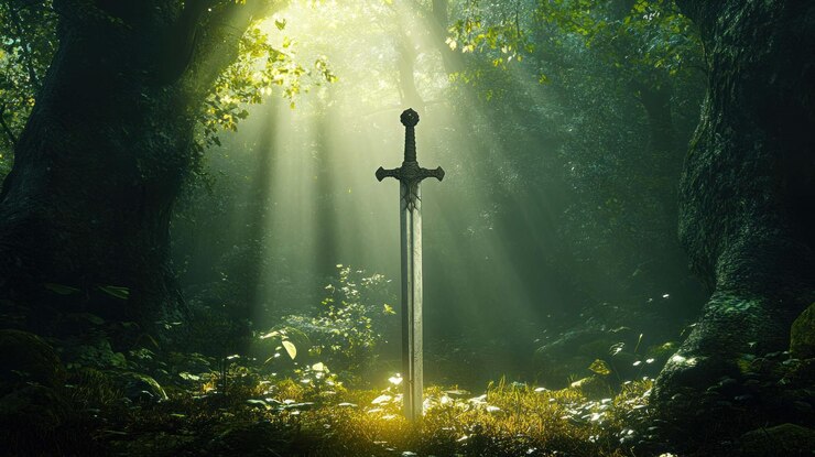 PSD el sueño místico de excalibur una espada en un bosque iluminado por el sol
