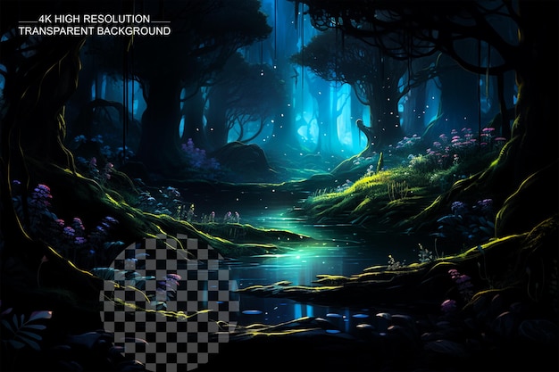 PSD sueños bioluminescentes imagínese un bosque fantástico brillando con una luz mágica de fondo transparente