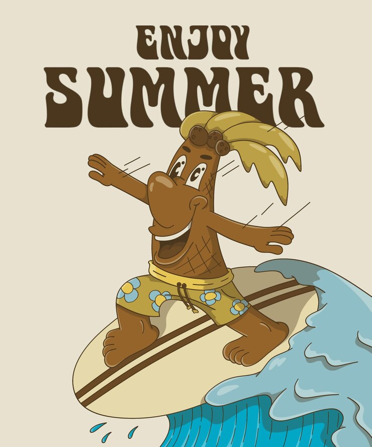 PSD süße cartoon-illustration kokosnussbaum surfen genießen sie den sommer