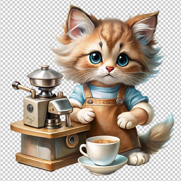 PSD süße cartoon-katze mit kaffeekühe auf durchsichtigem hintergrund