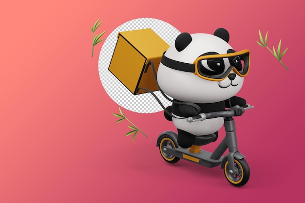 Süße panda-reitroller-panda-lieferung 3d-rendering