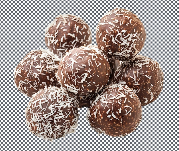 Süße Schokoladen-Kokosnuss-Bliss-Kugeln auf durchsichtigem Hintergrund