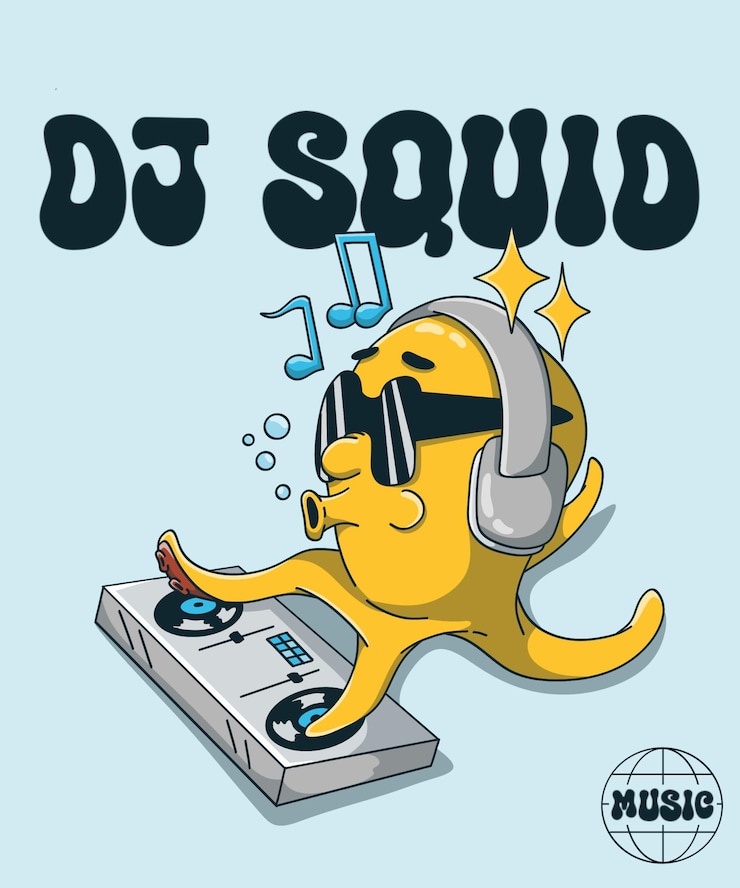 PSD süße zeichentrickfilm-illustration dj tintenfisch-musik