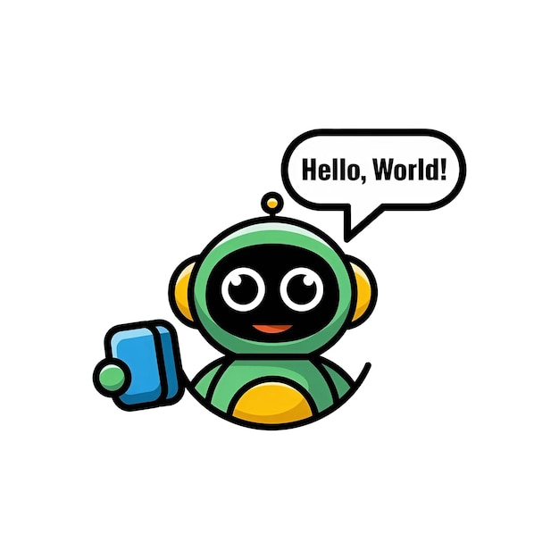 Süßer Roboter, der Hallo Welt sagt und eine Kreditkarte mit durchsichtigem Hintergrund hält