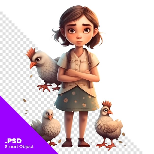 PSD süßes kleines mädchen mit hühnern auf weißem hintergrund 3d-rendering psd-vorlage