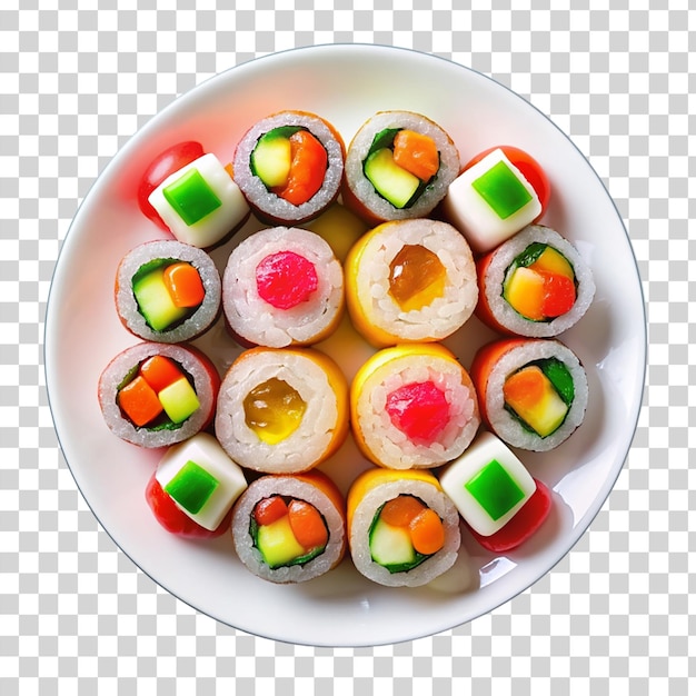 PSD süßigkeiten-sushi auf weißem teller auf weißem teller auf durchsichtigem hintergrund