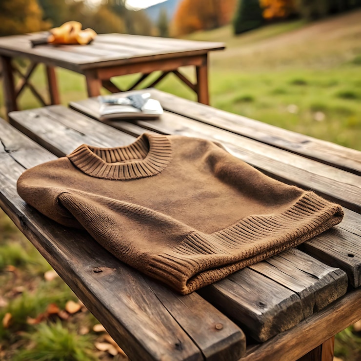 PSD un suéter marrón en una mesa de madera con una tarjeta que dice "sweater"