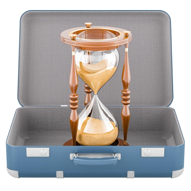 Suitcase with Hourglass inside 3D rendering isolated on transparent background