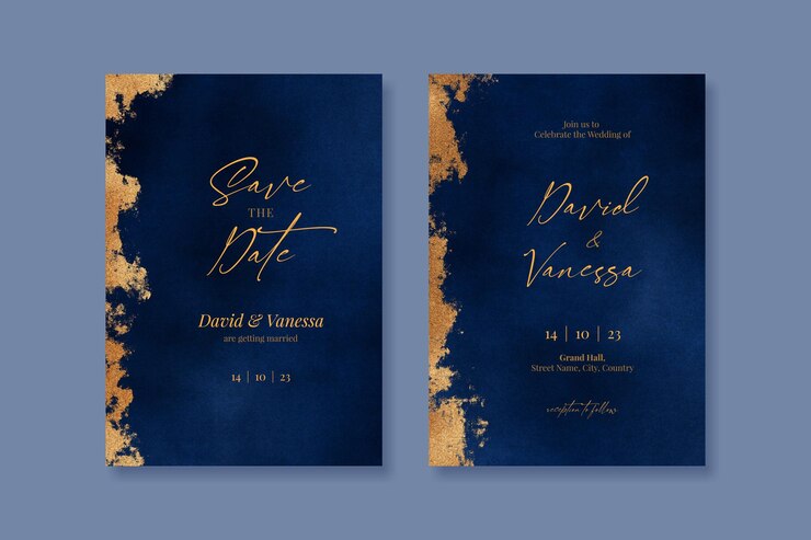 Suite de cartes d'invitation de mariage bleu et or modifiables