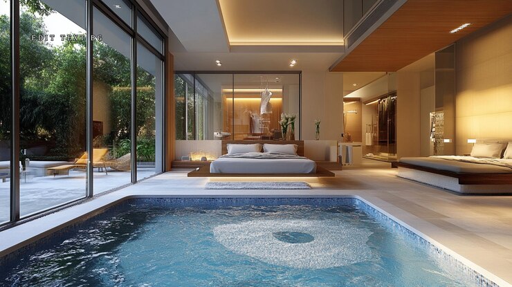 PSD suite luxueuse avec piscine intérieure et vue sur le jardin.