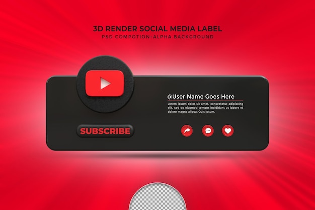PSD suivez-moi sur les médias sociaux youtube tiers inférieur insigne d'icône de rendu de conception 3d avec cadre