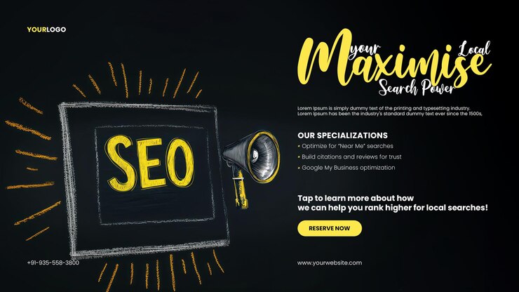 PSD sulla pagina modello di banner dell'ufficio seo con disegno a lavagna di seo scritto in giallo con un megafono accanto a esso che simboleggia la comunicazione e il marketing