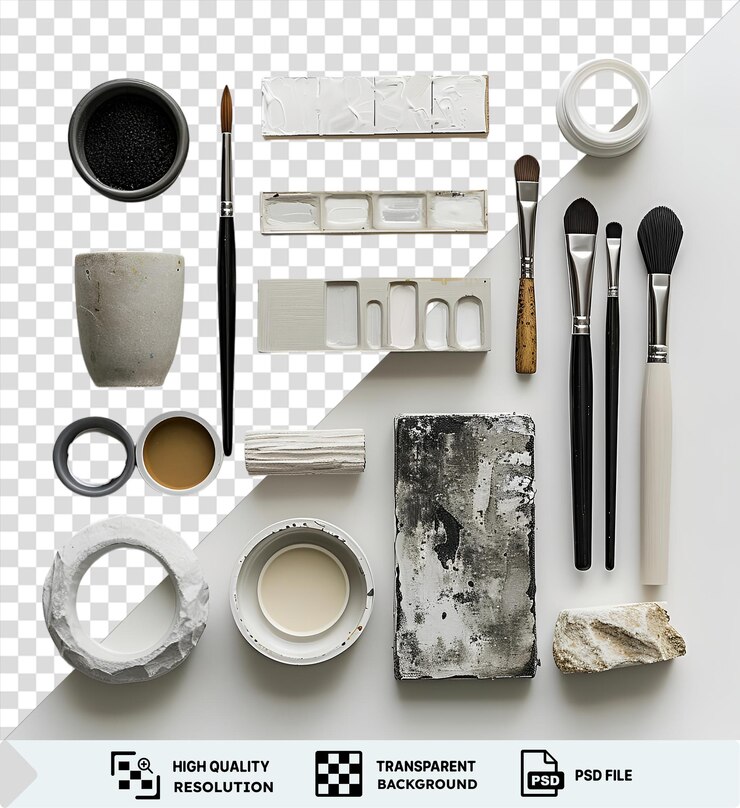 PSD suministros de arte moderno aislados establecidos en un fondo transparente que incluye una pequeña taza blanca pluma negra y cuchara de plata con un estante blanco en el fondo
