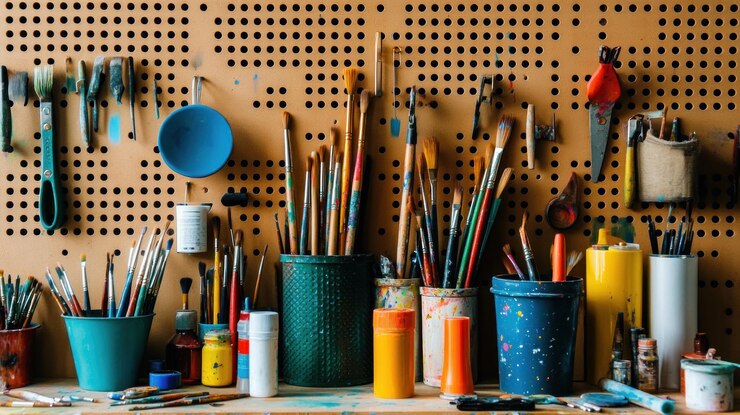 PSD suministros de arte organizados en una pared del taller
