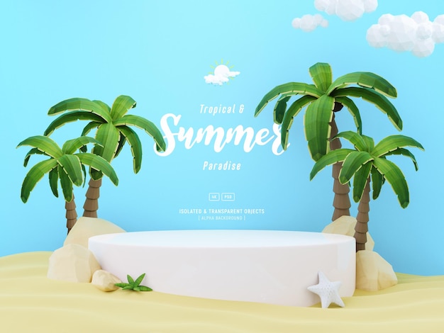 Summer background template-komposition mit niedlichen podiumsbühne palmen und strandobjekten