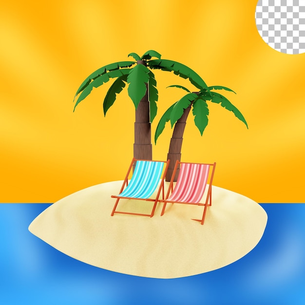 summer beach with two chair and palm tree 3d illustration