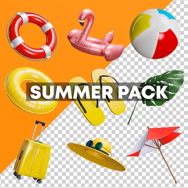 PSD summer beach zubehör isoliertes objektpaket 3d-rendering