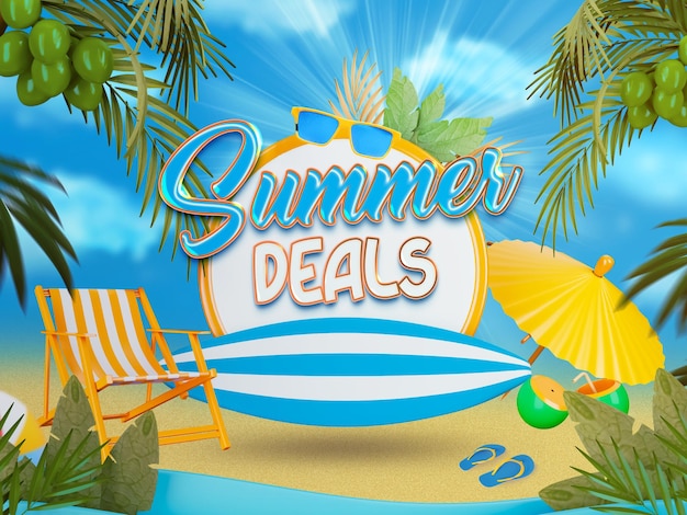 Summer Deals Banner-Vorlage mit bunten Strandelementen