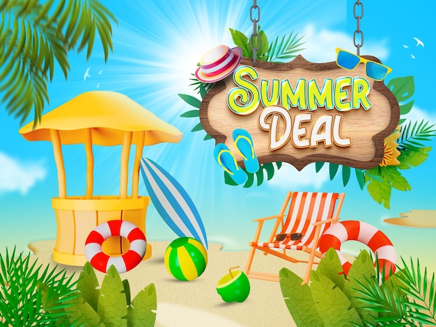 Summer Deals Banner-Vorlage mit bunten Strandelementen