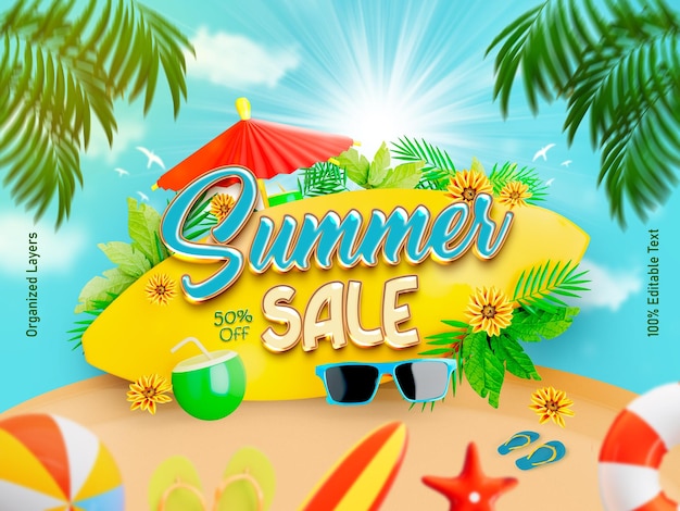Summer Discount Sale Banner Template with Colorful 3D Beach Elements