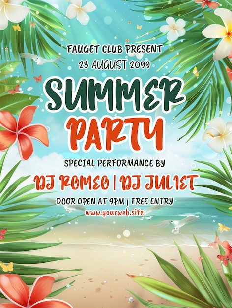 PSD summer party poster template with realistic background for summer season