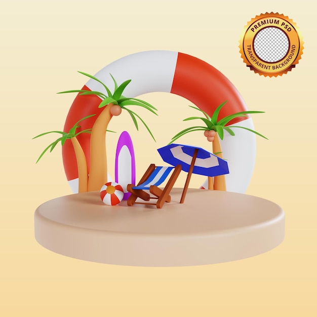 Summer podium beach deck y cocoteros ilustración 3d psd premium