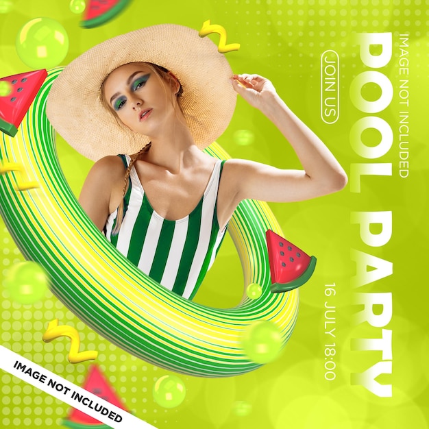 PSD summer pool party instagram-posts mit 3d-elementen