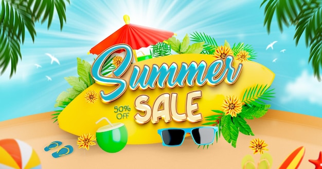 Summer Sale Facebook Post Banner Template with Colorful Beach Elements